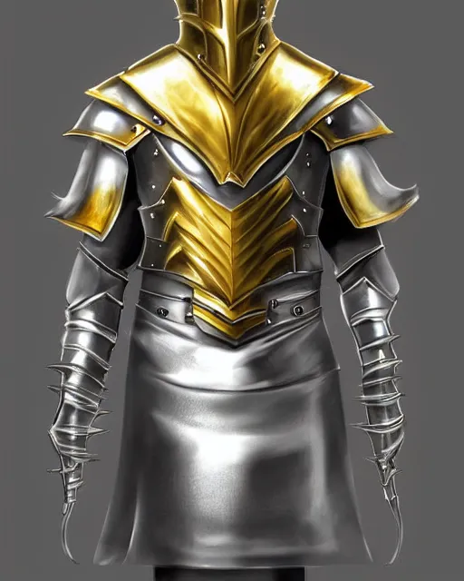 Image similar to suit of fantasy armor, shiny silver armor with gold trim, clean, flat shading, deviantart