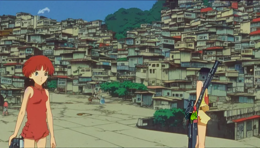 Image similar to 1 9 8 6 anime screencap of a girl with a gun on a rio de janeiro anime, by hayao miyazaki, studio ghibli, beautiful favela background extremely high quality artwork 4 k