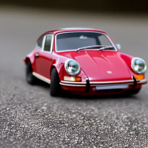 Image similar to close up photo of a small toy porsche 9 1 1 9 6 4 on a road stripe, cinematic, shallow dof, 3 5 mm, 4 k, macro