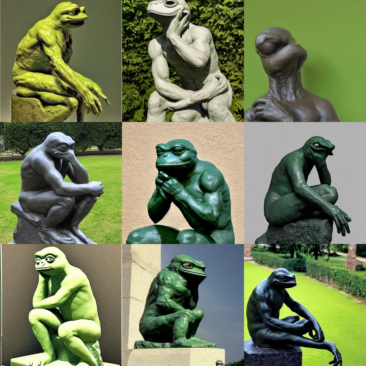 Prompt: the thinker pepe the frog by Auguste Rodin