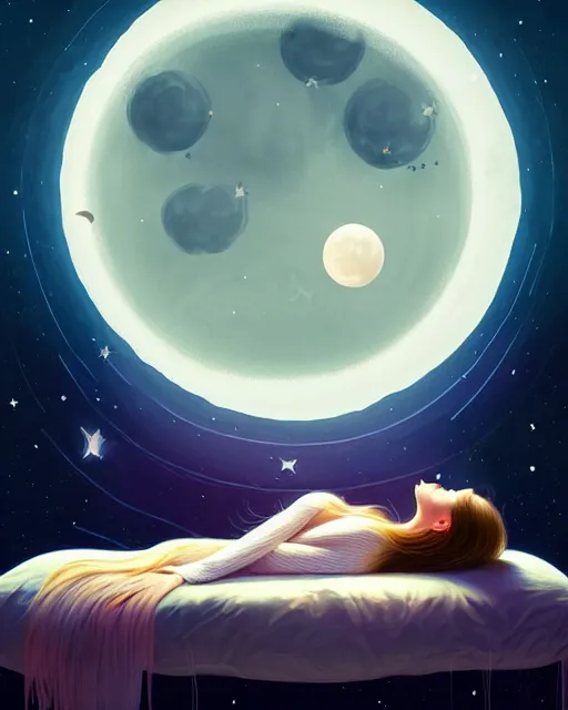 Image similar to beautiful painting of a elven sleeping on her bed with a smiling moon over her, space art, sense of awe, art by mike winkelmann, ross tran, sky night, illustration, highly detailed, simple, smooth and clean vector curves, no jagged lines, vector art, smooth, artstation