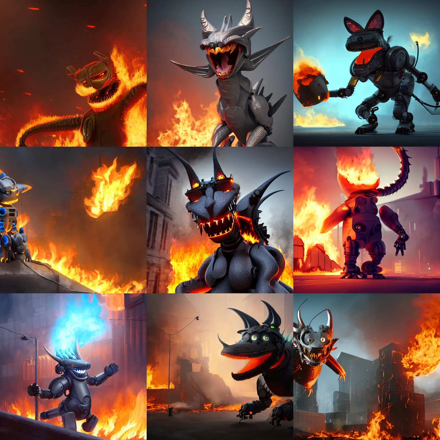 Prompt: furry art, male robotic anthro dragon, grinning, in front of a burning building, commission on furaffinity, cgsociety, octane render