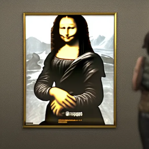 Image similar to a highly detailed 3 d rendering in unreal engine on ps 5 of the mona lisa dressed as the cyborg ninja from metal gear solid