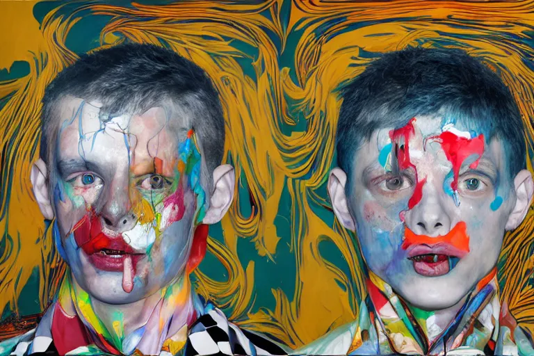 Prompt: portrait of two morphed harlequins faced boys in a large room by and james jean and luc tuymans and vincent lefevre and hernan bas and pat steir and hilma af klint, digital paint, glitch, psychological, dripping paint, generative art, 8 k high quality render, altermodern, masterpiece