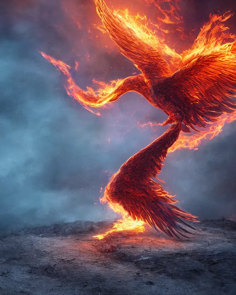 Image similar to a beautiful and imaginary photoreaslistic render of a burning steel phoenix rising out of the dirt and ashes, ethereal lighting, pixie dust magic, brilliant glow, cinematic, epic, epic scale ultrawide angle, deep vivid colors,