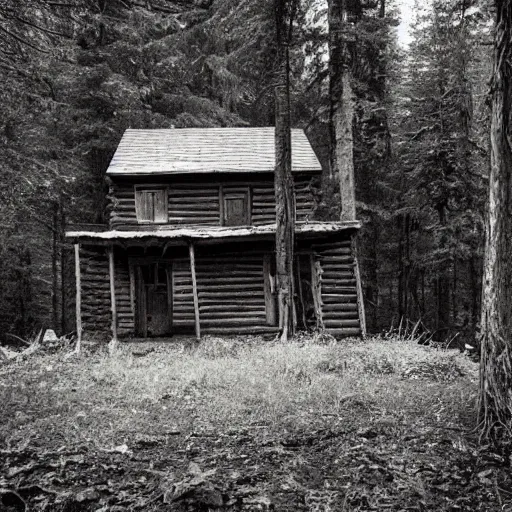 Image similar to a photo of a Eerie cabin in the middle of the woods photographed by a old 80s gameboy