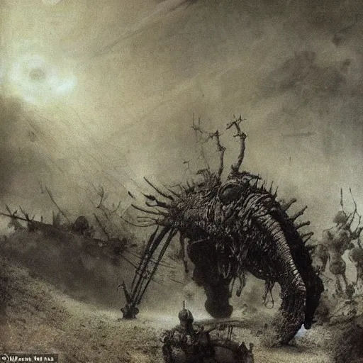 Prompt: the last of his kind on earth; a body something like the skeleton of a whale and a centaur, with large compound eyes, scuttling through the dirt of a battlefield in world war 1, painting by Rembrandt and Beksinski