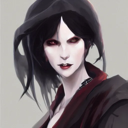 Image similar to female human vampire witch in the style of greg rutkowski, makoto shinkai, trending on artstation, character design, concept art, pretty face, highly detailed, long black hair, portrait, digital art