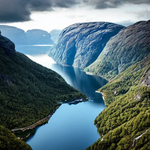 Image similar to A photo of a fjord in Norway. The sky is completely clear of clouds. Hyper realistic, 8k.