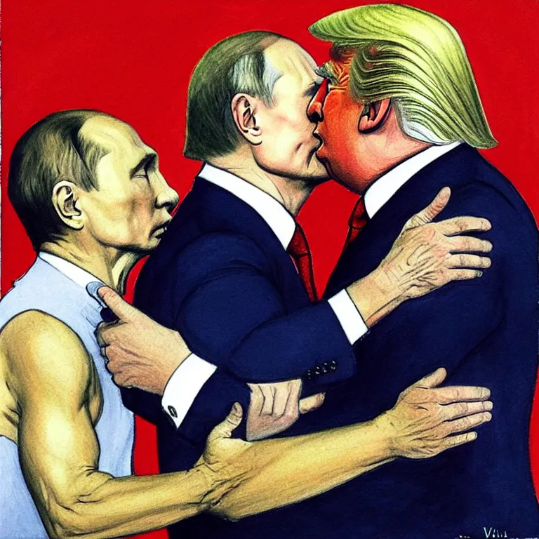 Image similar to putin and trump ftaternal kiss, art by dmitri vrubel