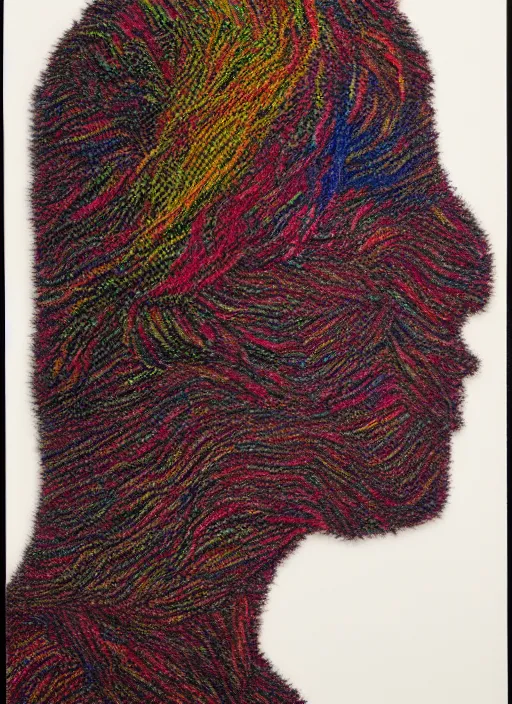 Image similar to a woman's face in profile, made of strands of coloured yarn, in the style of the Dutch masters and Gregory Crewdson, dark and moody