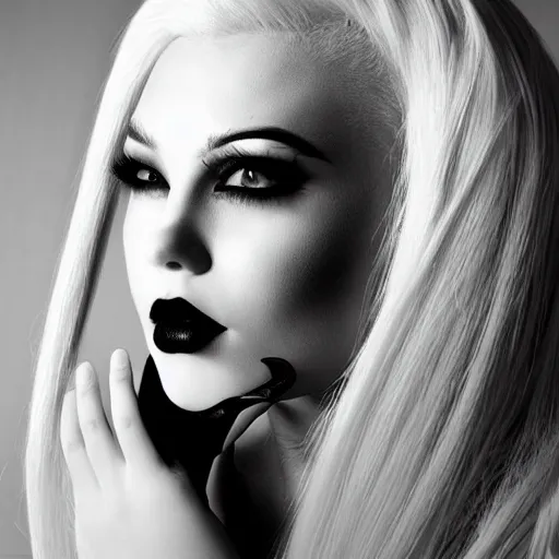 Image similar to modeling photograph kerli koiv, blonde, femme fatale jessica rabbit, beautiful, dark, mysterious, bubble goth makeup, detailed flawless face, dramatic darkroom lighting high exposure, head and shoulders 4 0 mm camara