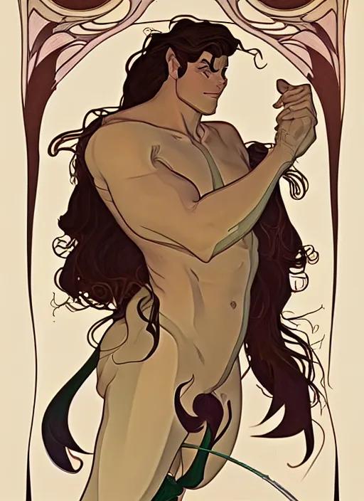 Prompt: art nouveau portrait of centaur man, natural lighting, path traced, highly detailed, high quality, cartoon, digital painting, by don bluth and ross tran and studio ghibli and alphonse mucha