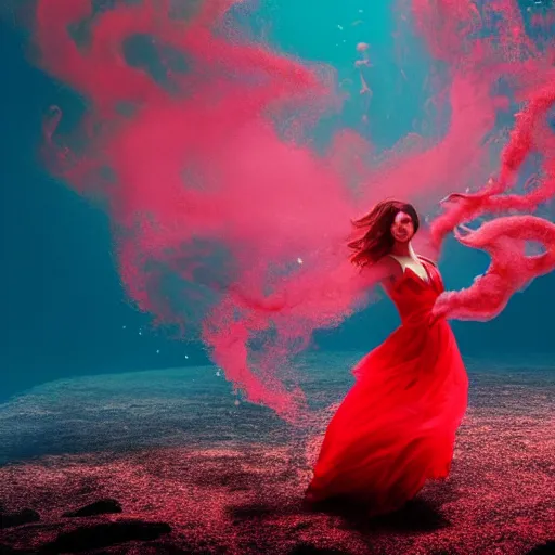 Image similar to manshaped swirling smoke beside woman dancing underwater wearing a flowing red dress made of seaweed, large school of tiny silver fish in the background, octane render, caustics lighting from sunlight above, cinematic