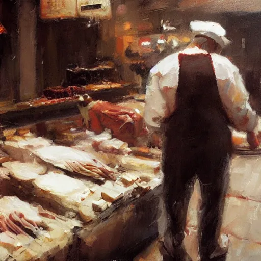 Prompt: low angle of the butcher's, closeup of a butcher working, artwork by craig mullins