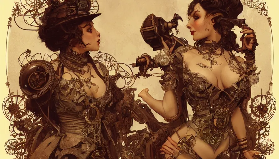 Image similar to steampunk, masterpiece, pinup, mcfarlane, fibonacci, sweat drops, insane, horror, intricate, highly detailed, digital painting, artstation, concept art, smooth, sharp focus, illustration, unreal engine 5, 8 k, art by artgerm and greg rutkowski and alphonse mucha