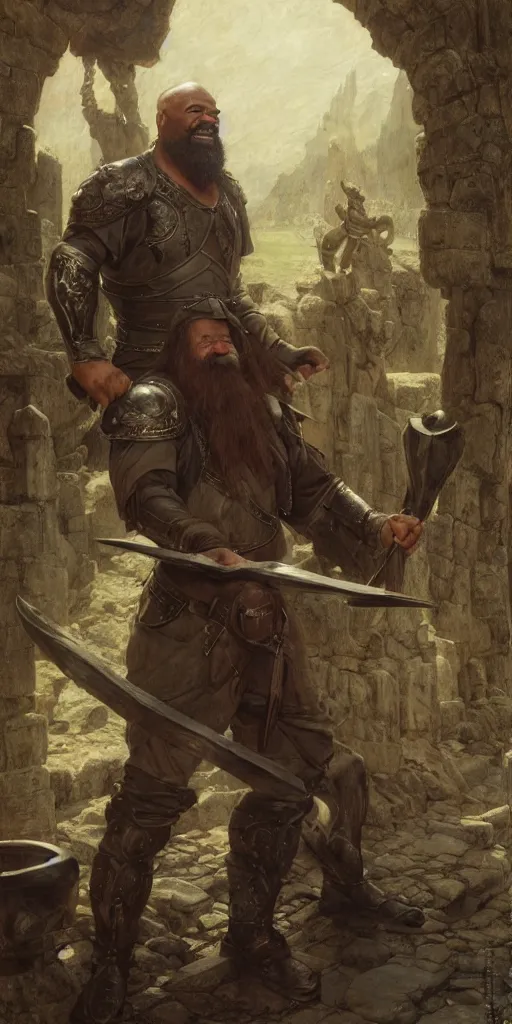 Image similar to jeffrey wright, blacksmith, very long beard, huge and very muscular, smiling hammer, dungeons and dragons, masterpiece by edgar maxence and ross tran and michael whelan, gustav dore, 8 k, octane render