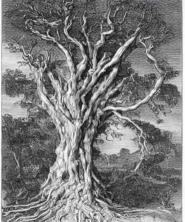 Image similar to ancient gnarled oak, tree of life on top of an open book, art by james o barr and albrecht durer and gustave dore, woodblock print, engraved, black and white, vector, vector art