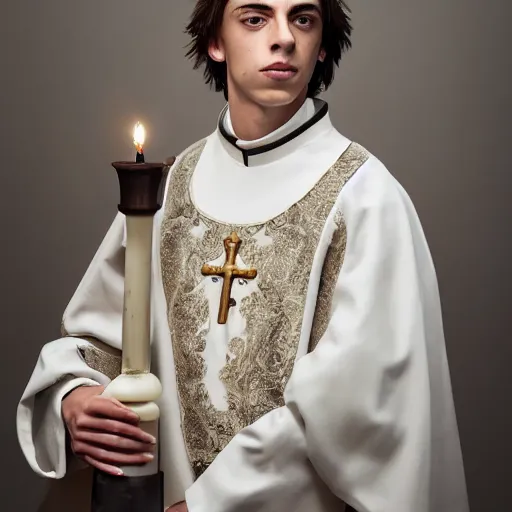 Image similar to attractive kai havertz wearing priest outfit holding large detailed ivory candlestick. natural lighting by ruan jia, portrait. 8 k high definition