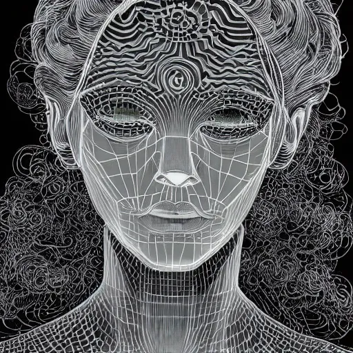 Prompt: holographic headset interface painted in alex grey and chris dyer style drawn by takato yamamoto, inspired by ooioo and sorayama and ikeuchi, intricate 3 d sculpture, black and white, 3 d, high detail, sharp high detail, artstation, octane