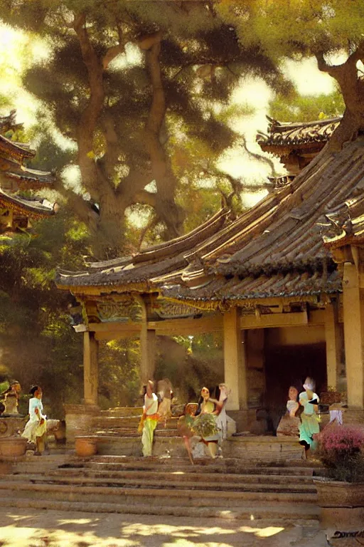 Prompt: ancient asian temple, painting by gaston bussiere, craig mullins, j. c. leyendecker, edgar degas