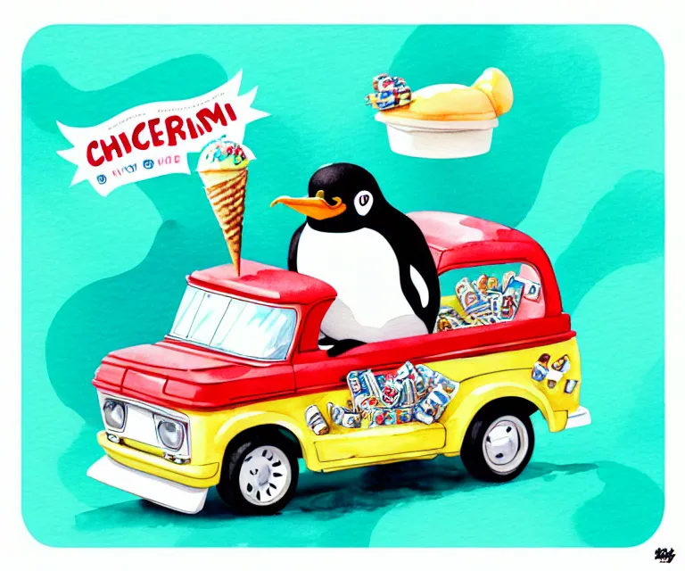 Image similar to cute and funny, penguin riding in a tiny ice cream truck, ratfink style by ed roth, centered award winning watercolor pen illustration, isometric illustration by chihiro iwasaki, edited by craola, tiny details by artgerm and watercolor girl, symmetrically isometrically centered