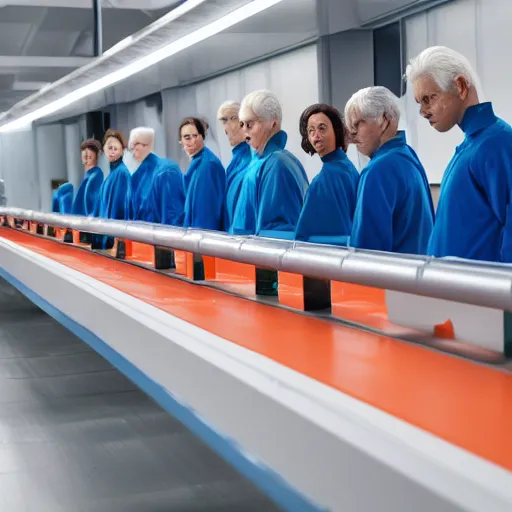 Image similar to group of identical athletic humans with light blue neoprene suits and white hair standing in a line on a conveyor belt, background of advanced futuristic laboratory, sci - fi, highly detailed, hyperrealistic