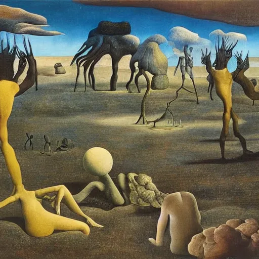 Prompt: Surreal landscape painted by Dali Max Ernst Dorothea Tanning perfect composition bizarre disturbing small people in the distance large mutant forms in the foreground