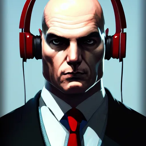 Image similar to a symmetrical portrait of agent 4 7 from hitman wearing headphones, dark background, red rim light, highly detailed, digital art, artstation, concept art, smooth, sharp focus, greg rutkowski, wlop