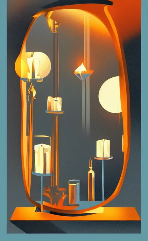 Image similar to illustration with a set of beautiful scented candles, close - up photo in cozy interior, candle lighting, shadow play, light refraction, mirror, glowing, pinterest, an art deco painting by tom whalen, trending on behance, art deco, digital illustration, storybook illustration, grainy texture, flat shading, vector art, airbrush, pastel, watercolor, poster