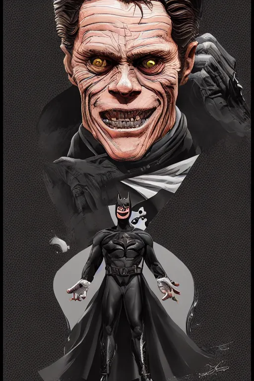 Image similar to willem dafoe in batman returns, full body, big two toned eyes, teeth gritted, horror, intricate details, cinematic, epic, realistic, anatomy, tomer hanuka, uplight, artstation, photorealistic, scary