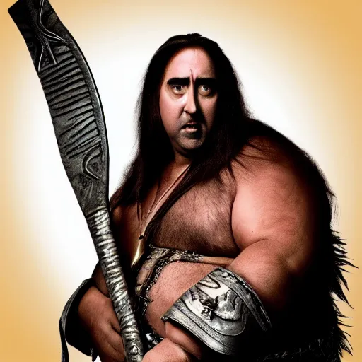 Image similar to a fat nic cage playing conan the barbarian, hd digital photography, mobie still