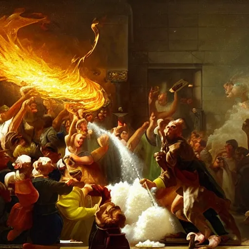 Prompt: a jug of milk on fire in a subway, baroque painting, highly detailed
