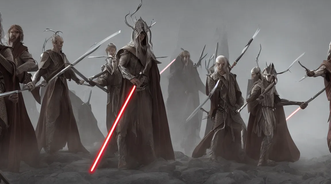 Prompt: LOTR elves and sith wielding lightsabers and bows, background Canon, 100mm, octane render, photorealistic, detailed, cinematic, 8k no blur, volumetric lightning