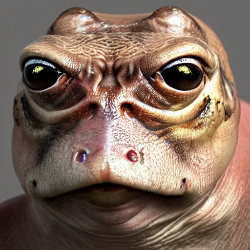 Prompt: hyperrealistic mixed media image of ( bullfrog ) with human face info wars alex jones, stunning 3 d render inspired art by xiang duan and thomas eakes, perfect facial symmetry, hyper realistic texture, realistic, highly detailed attributes and atmosphere, dim volumetric cinematic lighting, 8 k octane detailed render, post - processing, masterpiece,