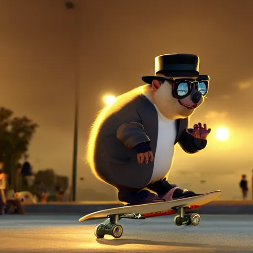 Prompt: a still of a chubby anthropomorphic gangster rat, wearing sunglasses and a mafia-style hat, long fur, performing skateboarding tricks at a skatepark in a Disney Pixar movie, 35mm f2.8, 4k, artstation, PBR materials, Pixar renderman render