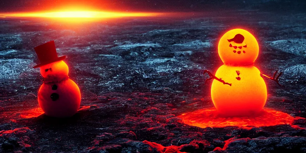 Prompt: a snowman melting on top of the sun. the ground is made of fire and lava and is glowing orange. cinematic, dramatic, epic, volumetric lighting, atmospheric, red, orange extremely coherent, 8 k, space, warm, blade runner 2 0 4 9