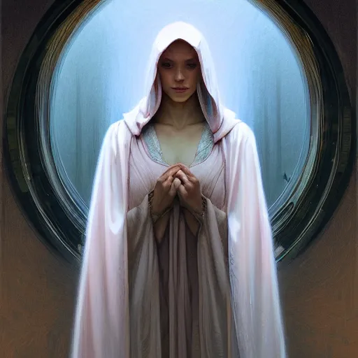Image similar to Portrait of a young woman wearing a hooded robe, in a trance, intricate, elegant, highly detailed, digital painting, artstation, concept art, smooth, sharp focus, illustration, art by artgerm and greg rutkowski and alphonse mucha, by beksinski