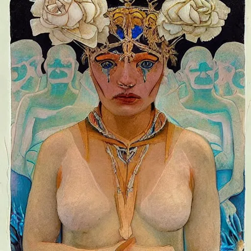 Image similar to the bone crown, by Annie Swynnerton and Nicholas Roerich and (((Diego Rivera))), embroidered robes, floral tattoos, bioluminescent skin!, elaborate costume, geometric ornament, symbolist, soft colors, dramatic lighting, smooth, sharp focus, extremely detailed