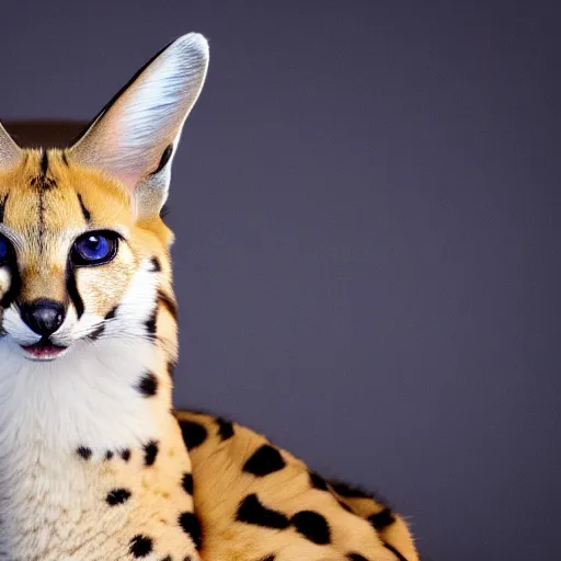 Image similar to beautiful photo of a serval with exotic black markings and blue eyes, 4 k, studio lighting, global illumination, detailed, front page of art station