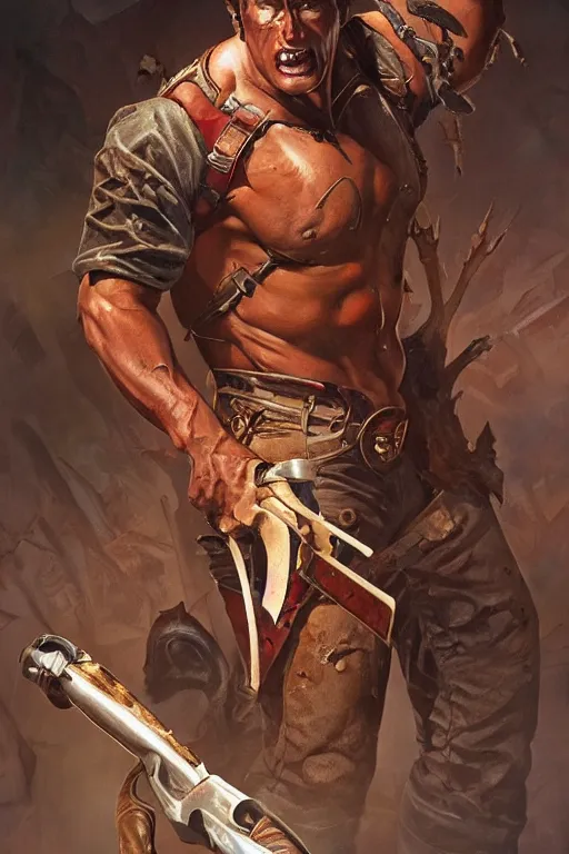 Image similar to Ash Williams from The evil dead, Very muscular, manowar album,intricate, elegant, highly detailed, digital painting, artstation, concept art, smooth, sharp focus, illustration, art by artgerm and greg rutkowski and alphonse mucha