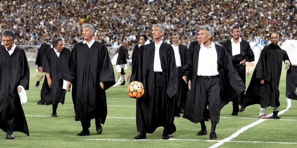 Prompt: Mauricio Macri and judges in black robes playing football