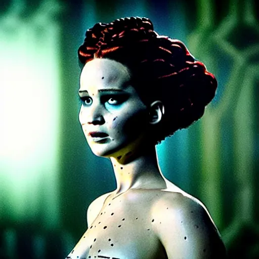 Image similar to jennifer lawrence as the bride of frankenstein, color photography, sharp detail, confused, still from the movie underworld