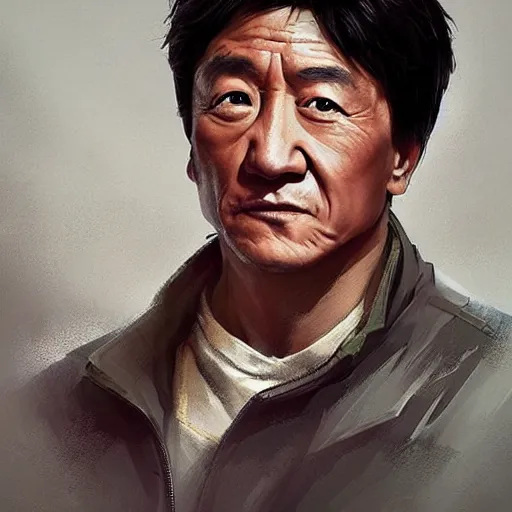 Image similar to “Portrait of Jackie Chan by Greg Rutkowski, young, manly, attractive, strong, older brother vibes, highly detailed portrait, scifi, digital painting, artstation, concept art, smooth, sharp foccus ilustration, Artstation HQ”