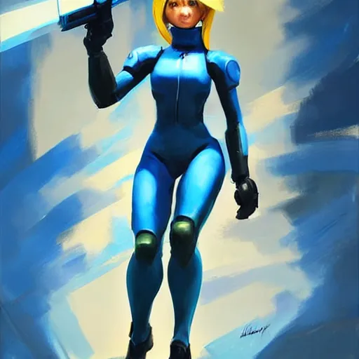 Image similar to greg manchess portrait painting of zero suit samus as overwatch character, medium shot, asymmetrical, profile picture, organic painting, sunny day, matte painting, bold shapes, hard edges, street art, trending on artstation, by huang guangjian and gil elvgren and sachin teng