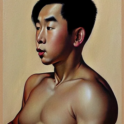 Image similar to Beautiful painting of a masculine young Asian male, pregnancy, round belly, pinup poster by J.C Leyendecker and Norman Rockwell