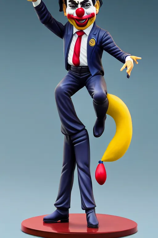 Prompt: still high quality figurine of president bolsonaro as a clown, tsurime eyes, tareme eyes, personification, dynamic pose, detailed product photo, featured on amiami, tone mapped, beautiful composition, 8 5 mm, f. 1 4