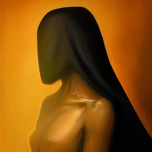 Image similar to a portrait of a young black woman wearing a long dark cloak, hood and shadows covering face, anatomically correct, beautiful perfect face, enigmatic, oil painting, matte painting, black background, Volumetric Golden dappled dynamic lighting, Highly Detailed, Cinematic Lighting, Unreal Engine, 8k, HD, by Beksinski