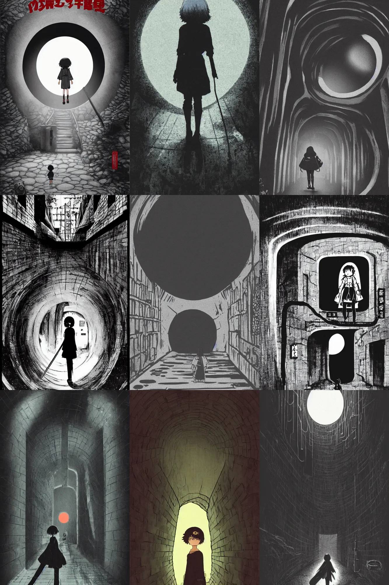 Prompt: miyazaki movie poster, brutalist, girl outside a dark sewer entrance, entrance to a dark tunnel, black circle, black round hole, black depths