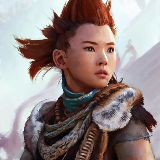 Image similar to wide shot, aloy from horizon zero dawn eating a bannana, digital art, highly detailed, digital painting, symmetry, concept art, sharp focus, illustration, art by artgerm! greg rutkowski magali villeneuve wlop! ilya kuvshinov!!, octane render